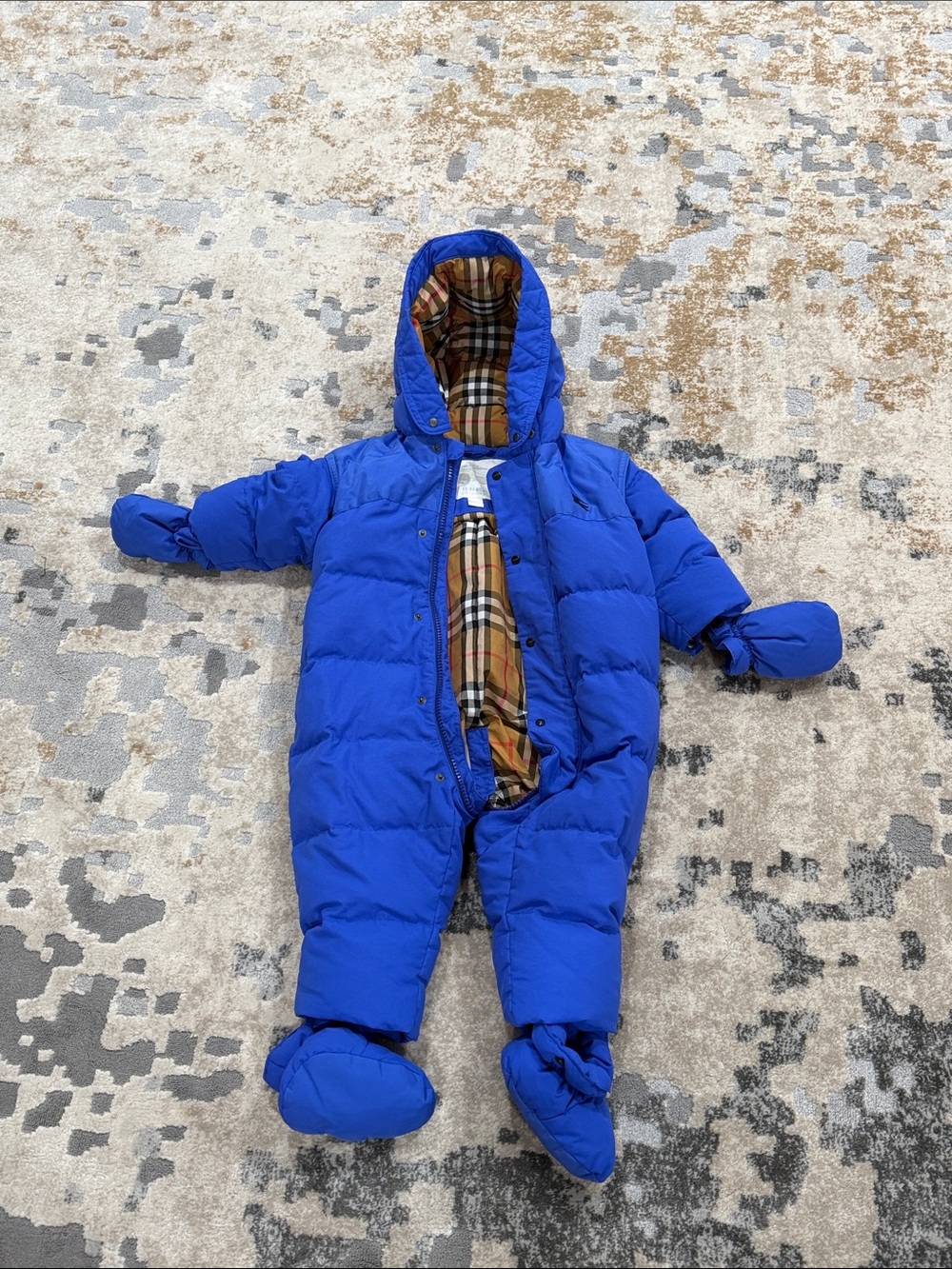 Burberry Royal Blue Quilted Infant One-Piece Snowsuit with Plaid Lining 12 month